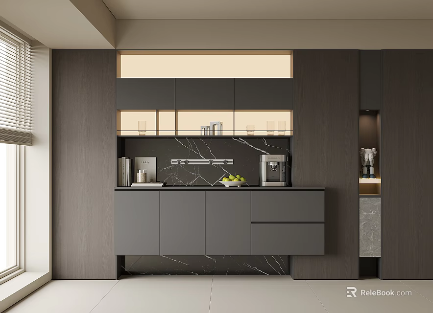Modern Sideboard With Dark Gray Cabinets Wooden Panels And LED Lighting 3d model 
