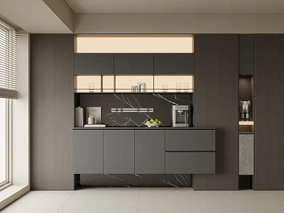 Modern Sideboard With Dark Gray Cabinets Wooden Panels And LED Lighting 3d model