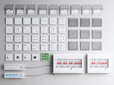 Various Types Of White And Gray Switch Panels With Transparent Covers And Distribution Boxes 3d model