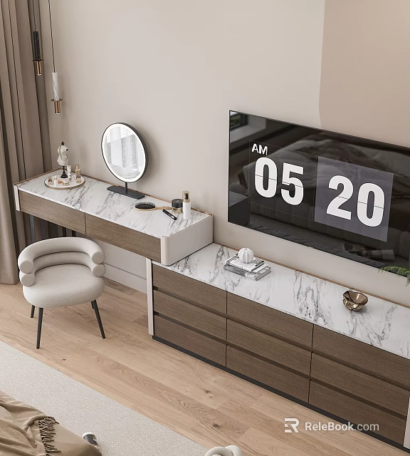 Modern Dressing Table Design With Marble Countertop Mirror Chair And Drawers 3d model