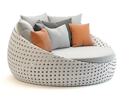 Round Woven Perforated Sofa Stool With Orange Gray Cushions And Light Gray Seat 3d model