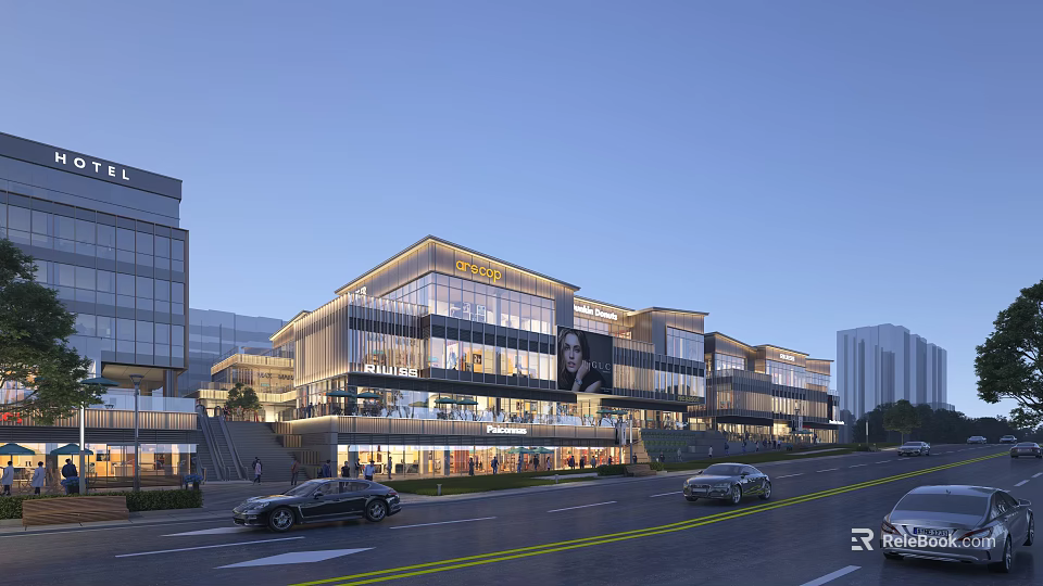 Modern Commercial Street Architectural Design With Glass Curtain Walls Shops Billboards And Cars 3d model 