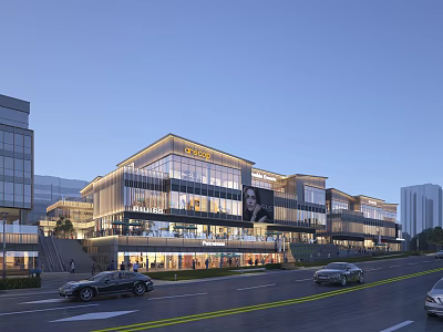 Modern Commercial Street Architectural Design With Glass Curtain Walls Shops Billboards And Cars 3d model