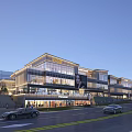 Modern Commercial Street Architectural Design With Glass Curtain Walls Shops Billboards And Cars