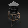 Industrial Equipment Black Cylindrical Storage Tanks On Wooden Metal Stands With Conical Tops