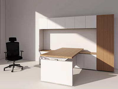 Modern Office Desk With Wooden Top White Cabinets And Black Office Chair 3d model