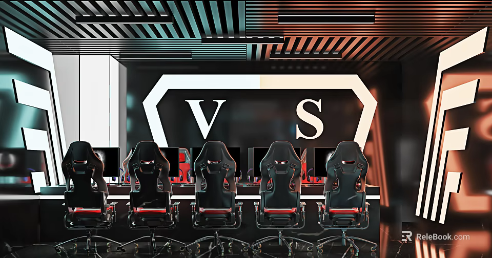 Modern Internet Cafe Interior With Ergonomic Gaming Chairs Computers And VS Battle Design 3d model