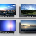 Modern Television Screen Showing Urban Green Field Blue Light And Sunset Lake Scenes