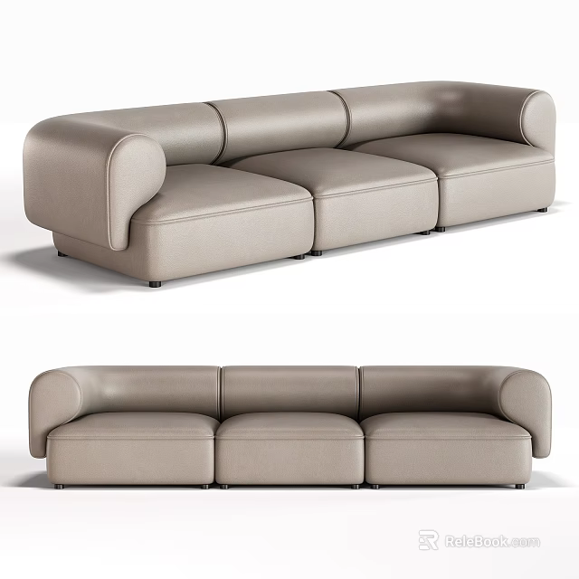 Modern Three-Seater Sofa In Beige Leather With Smooth Armrests And Comfortable Seats 3d model 