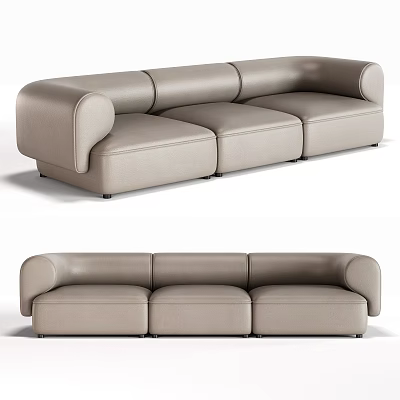 Modern Three-Seater Sofa In Beige Leather With Smooth Armrests And Comfortable Seats 3d model