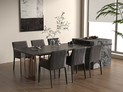 Modern Dining Table With Gray Chairs Vase Plants And Marble Island Interior Design 3d model