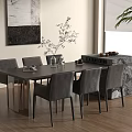 Modern Dining Table With Gray Chairs Vase Plants And Marble Island Interior Design