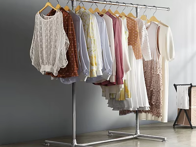 Metal Standing Clothes Rack With Various Colored Clothes Hanging Shirts And Dresses 3d model
