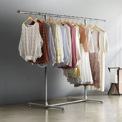 Metal Standing Clothes Rack With Various Colored Clothes Hanging Shirts And Dresses 3d model