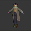 Game Movie Character Wearing Black Hat Brown Long Coat Yellow Sweater Striped Pants Brown Shoes