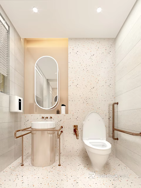 Modern Bathroom Interior With Oval Mirror Sink Toilet Grab Bars And Speckled Tiles 3d model 