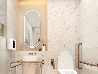 Modern Bathroom Interior With Oval Mirror Sink Toilet Grab Bars And Speckled Tiles 3d model