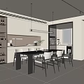 Modern Open Restaurant Interior With Dining Table Chairs Wine Cabinet And Pendant Lights