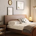 Wooden Double Bed in Modern Bedroom with White Pillows Nightstand and Window Curtains