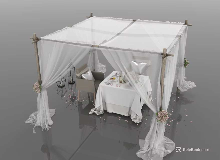 Elegant Outdoor Table With White Canopy Wooden Frame Decorative Flowers And Party Chairs 3d model 