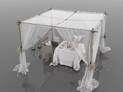 Elegant Outdoor Table With White Canopy Wooden Frame Decorative Flowers And Party Chairs 3d model