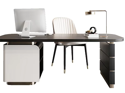 Modern Home Office Desk With Computer Monitor Table Lamp And White Chair 3d model
