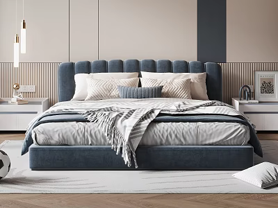Blue Kids Bed With Upholstered Headboard Pillows Striped Blanket Football And Cushion Modern Cozy Design 3d model