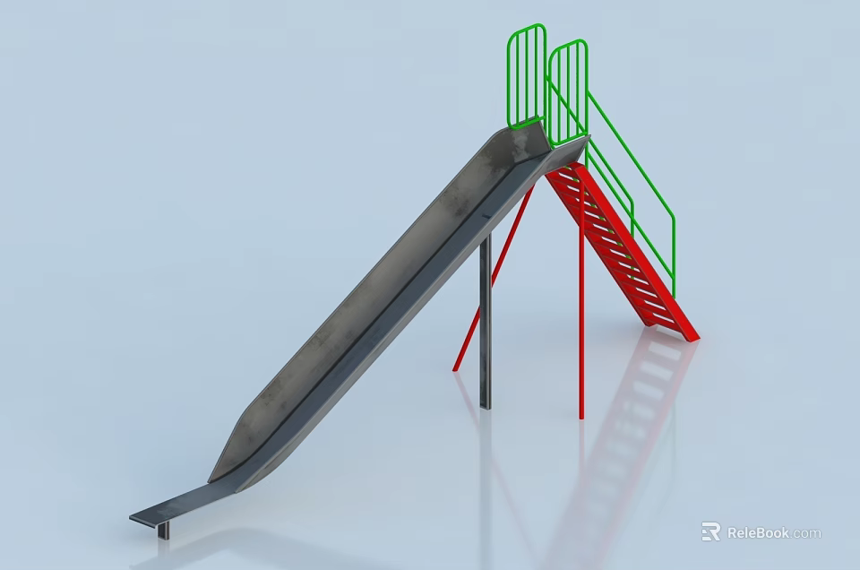 Sturdy Playground Equipment With Grey Slide Green Railings And Red Ladder 3d model 