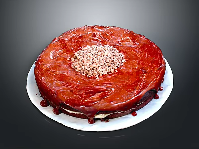 Red Round Cake With Shiny Red Glaze Topped With Crushed Nuts On White Plate 3d model