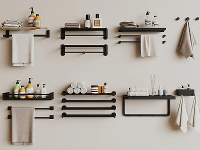 Black Bathroom Wall Shelves With Towels Toiletries And Roll Paper Storage Organizer 3d model
