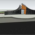 Modern Museum Building Exterior With Unique Roof Steps Entrance And Water Pool