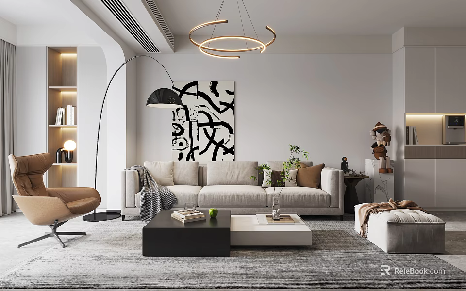 Modern Living Dining Room Interior With Beige Sofa Coffee Table Circular Chandelier And Abstract Artwork 3d model 