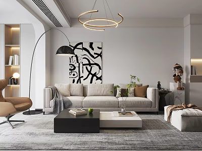 Modern Living Dining Room Interior With Beige Sofa Coffee Table Circular Chandelier And Abstract Artwork 3d model