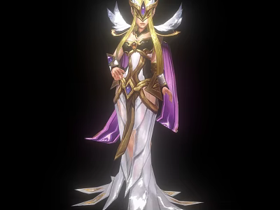Mythical Woman With Golden Long Hair Winged Crown White Dress Purple Cape Holding Sword 3d model