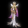 Mythical Woman With Golden Long Hair Winged Crown White Dress Purple Cape Holding Sword