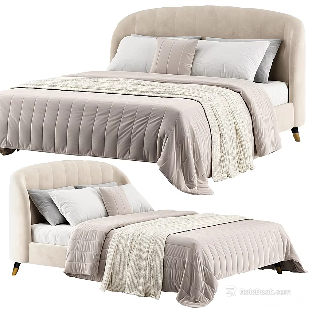 Modern Soft Upholstered Double Bed With Beige Quilted Comforter And Knitted Throw Pillows 3d model 