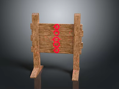Wooden Sign With Planks And Support Legs Featuring Red Symbols Design 3d model