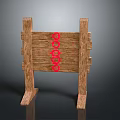 Wooden Sign With Planks And Support Legs Featuring Red Symbols Design