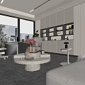 Modern Office Interior With Large Windows Trees Outside Desk Sofa Round Coffee Table And Bookshelves