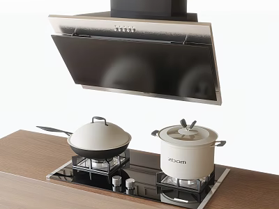 Modern Kitchen Appliances With Stainless Steel Range Hood Gas Stove And Pots On Wooden Countertop 3d model