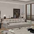 Modern Living Room Interior Design With Beige Sofa Decorative Painting Wooden Blinds And Ornaments