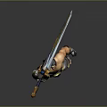 Shirtless Man in Silver Armor Pants Holding Ornate Sword with Raised Arm