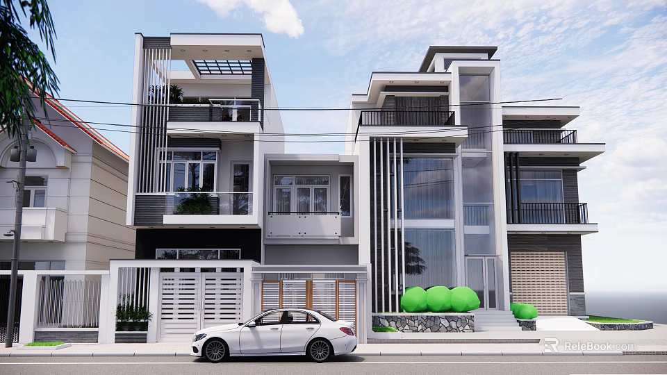 Modern Detached Villa Exterior with Large Windows Balconies Green Plants and Parked White Car 3d model 