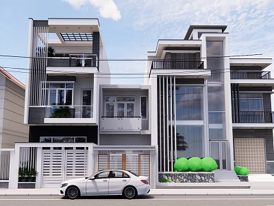 Modern Detached Villa Exterior with Large Windows Balconies Green Plants and Parked White Car 3d model