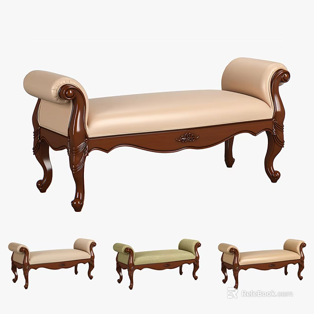Elegant Classic Upholstered Ottoman Bench With Wooden Frame And Carved Details 3d model 