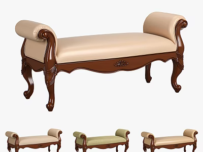 Elegant Classic Upholstered Ottoman Bench With Wooden Frame And Carved Details 3d model
