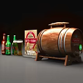 Beer Bottles And Glasses With Wooden Barrel And Box On