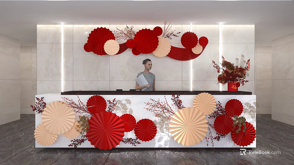 Elegant Reception Desk Area With Red And Beige Paper Flower Decorations And Vase 3d model 