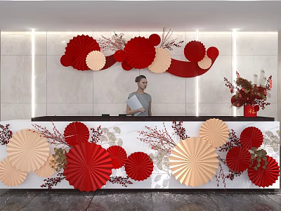 Elegant Reception Desk Area With Red And Beige Paper Flower Decorations And Vase 3d model