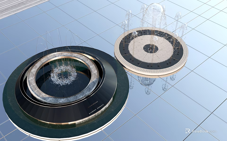 Decorative Garden Ornaments Featuring Circular Water Fountains With Metal Borders And Stone Bases 3d model 